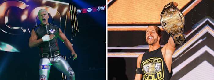 Split image of AEW's Cody Rhodes and NXT's Adam Cole